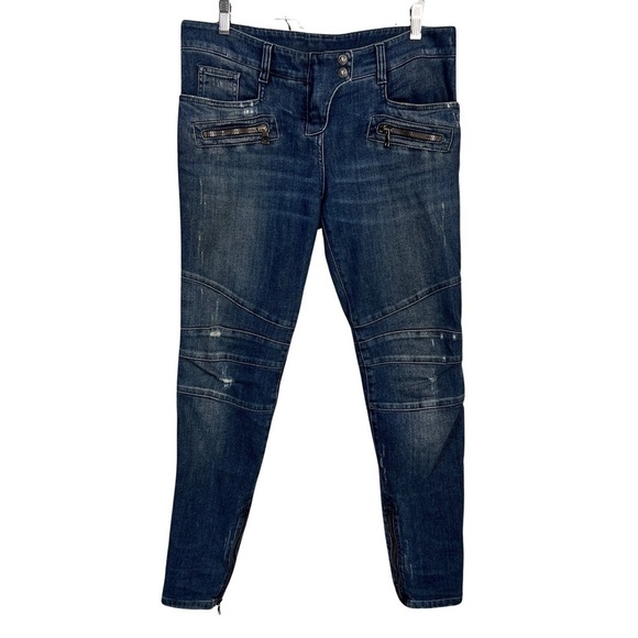 Balmain Mid-Low Rise Distressed Denim Biker Jeans - Picture 1 of 12